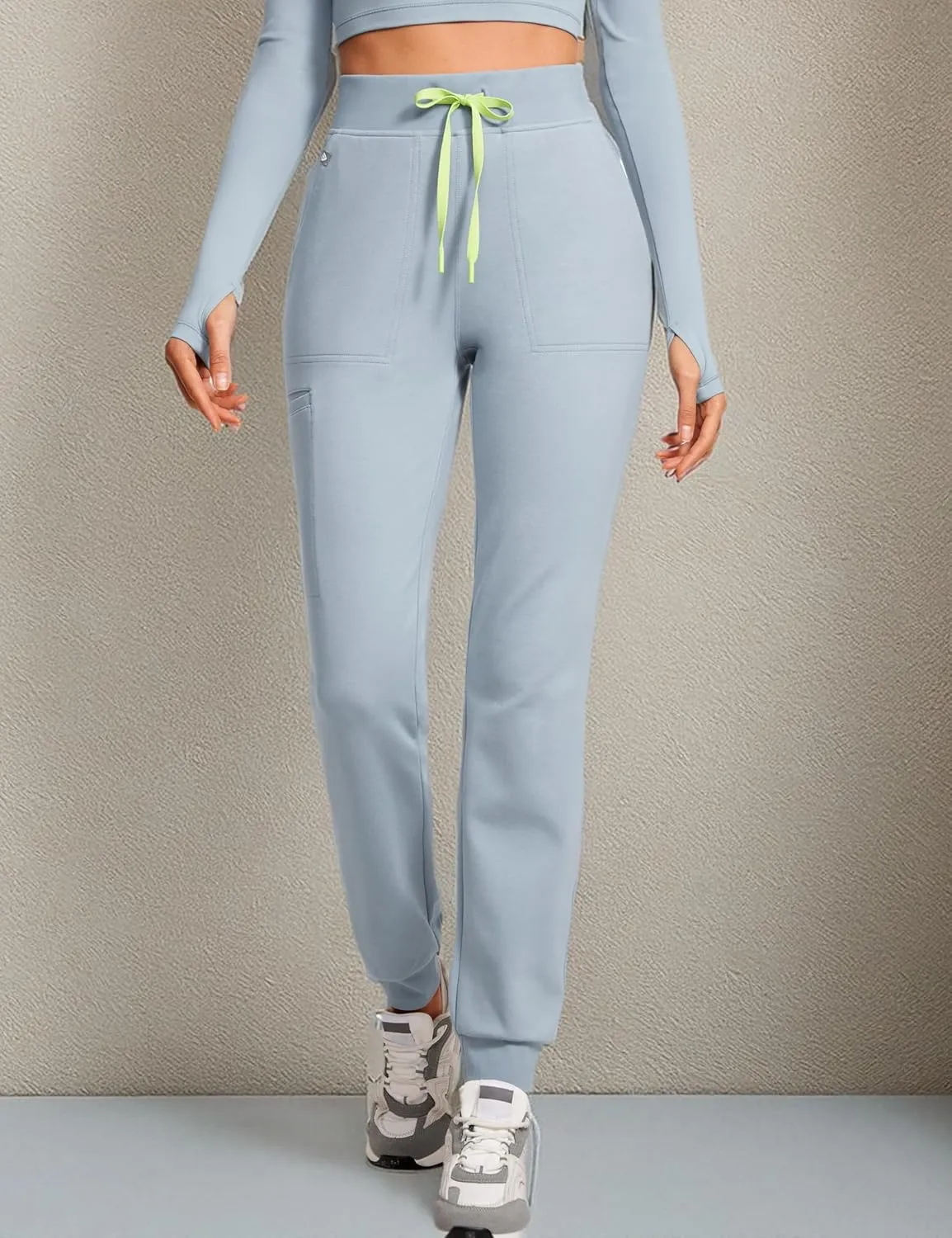 High Waisted Jogger Medical Scrub Pants Women - 7 Pockets Stretch Knit Drawstring Yoga Waistband Slim Fit Pants