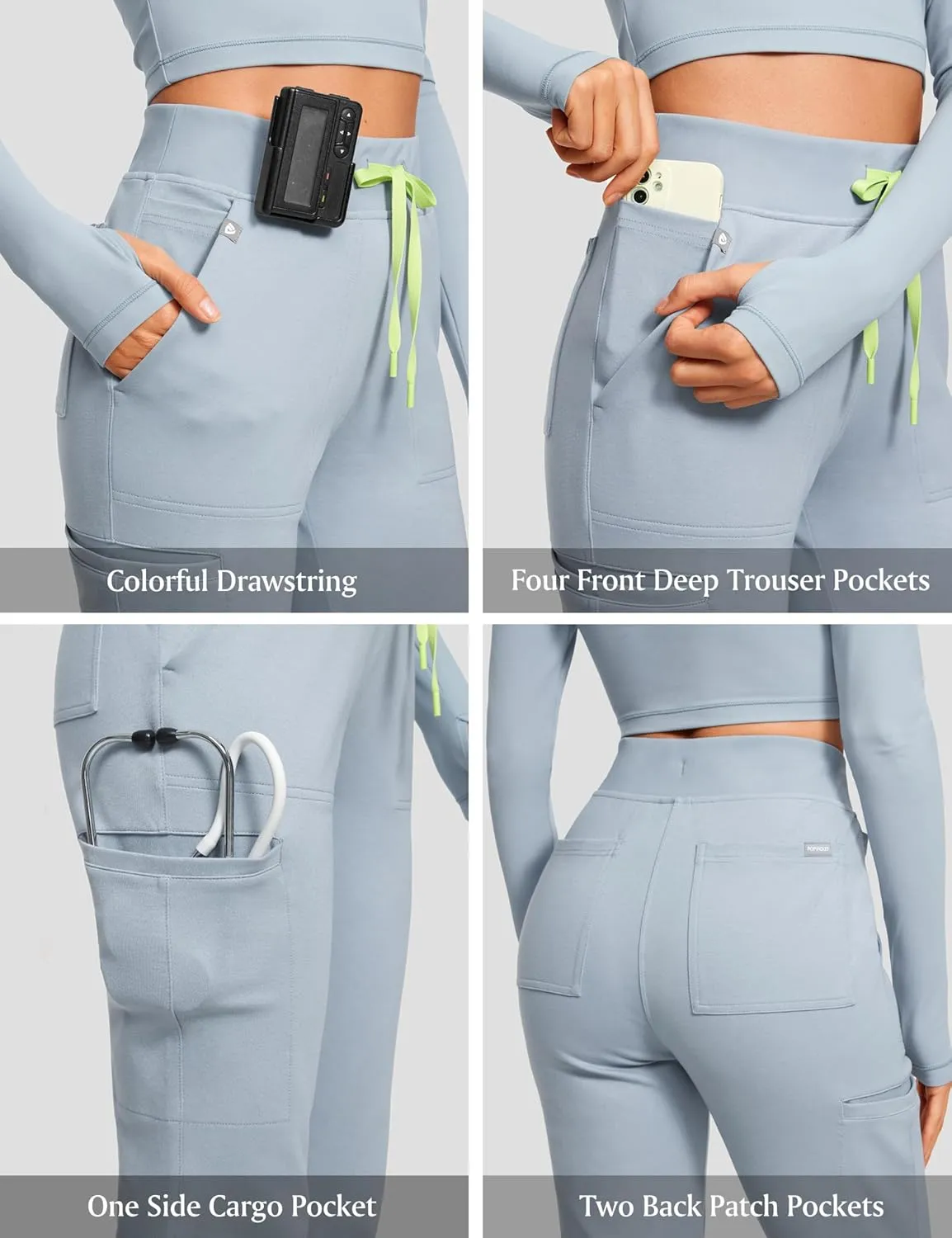 High Waisted Jogger Medical Scrub Pants Women - 7 Pockets Stretch Knit Drawstring Yoga Waistband Slim Fit Pants