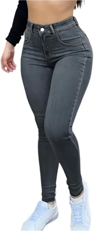 High-Waisted Stretch Denim Jeans for Women  Slim Fit, Comfortable Casual Pants, Functional Pockets in Black, Grey, Washes
