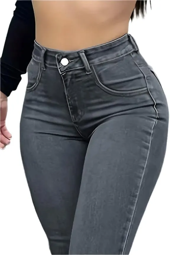 High-Waisted Stretch Denim Jeans for Women  Slim Fit, Comfortable Casual Pants, Functional Pockets in Black, Grey, Washes