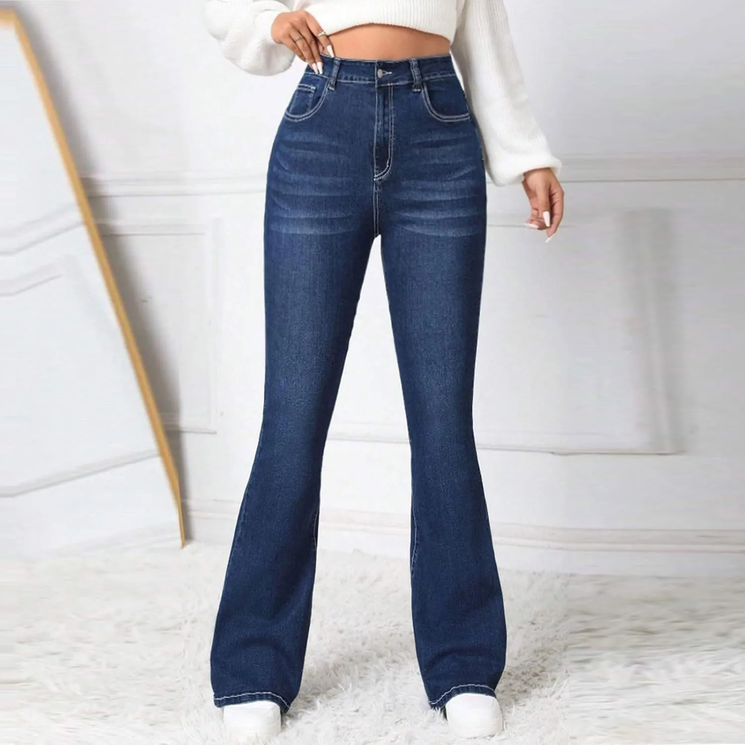HXHYQKP Women's Bell Bottom Jeans Elastic Flared Jeans/Skinny Ripped Jeans Stretch Distressed Destroyed Denim Pants