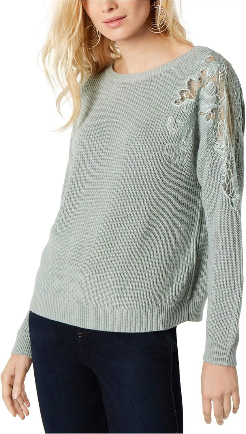 INC Womens Cable Knit Lace Inset Crewneck Sweater Green L