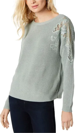 INC Womens Cable Knit Lace Inset Crewneck Sweater Green L
