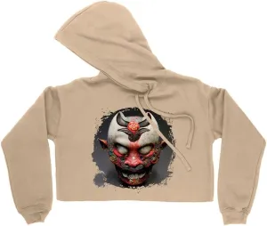 Japanese Graphic Women's Cropped Fleece Hoodie - Demon Cropped Hoodie for Women - Hannya Hooded Sweatshirt