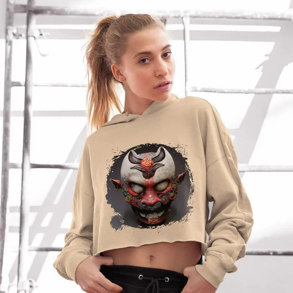 Japanese Graphic Women's Cropped Fleece Hoodie - Demon Cropped Hoodie for Women - Hannya Hooded Sweatshirt