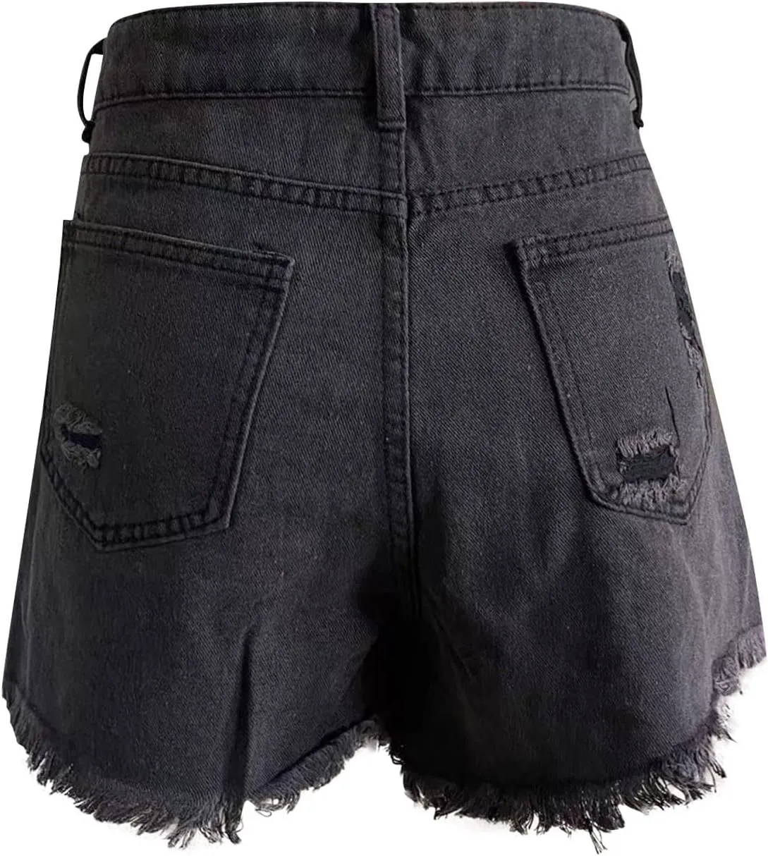 Jean Shorts Women's Vintage High-Waisted Ripped Frayed Denim Shorts Summer Street Style Casual