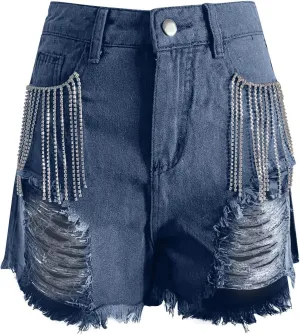 Jean Shorts Women's Vintage High-Waisted Ripped Frayed Denim Shorts Summer Street Style Casual