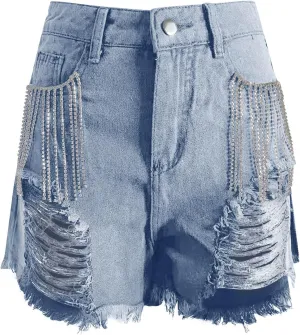 Jean Shorts Women's Vintage High-Waisted Ripped Frayed Denim Shorts Summer Street Style Casual