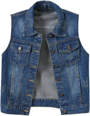 Jean Vest Top for Women Womens Denim Vest Sleeveless Cropped Denim Jacket Button Down Jean Waistcoat with Pockets