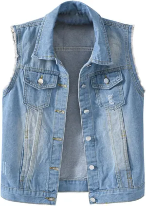 Jean Vest Top for Women Womens Denim Vest Sleeveless Cropped Denim Jacket Button Down Jean Waistcoat with Pockets