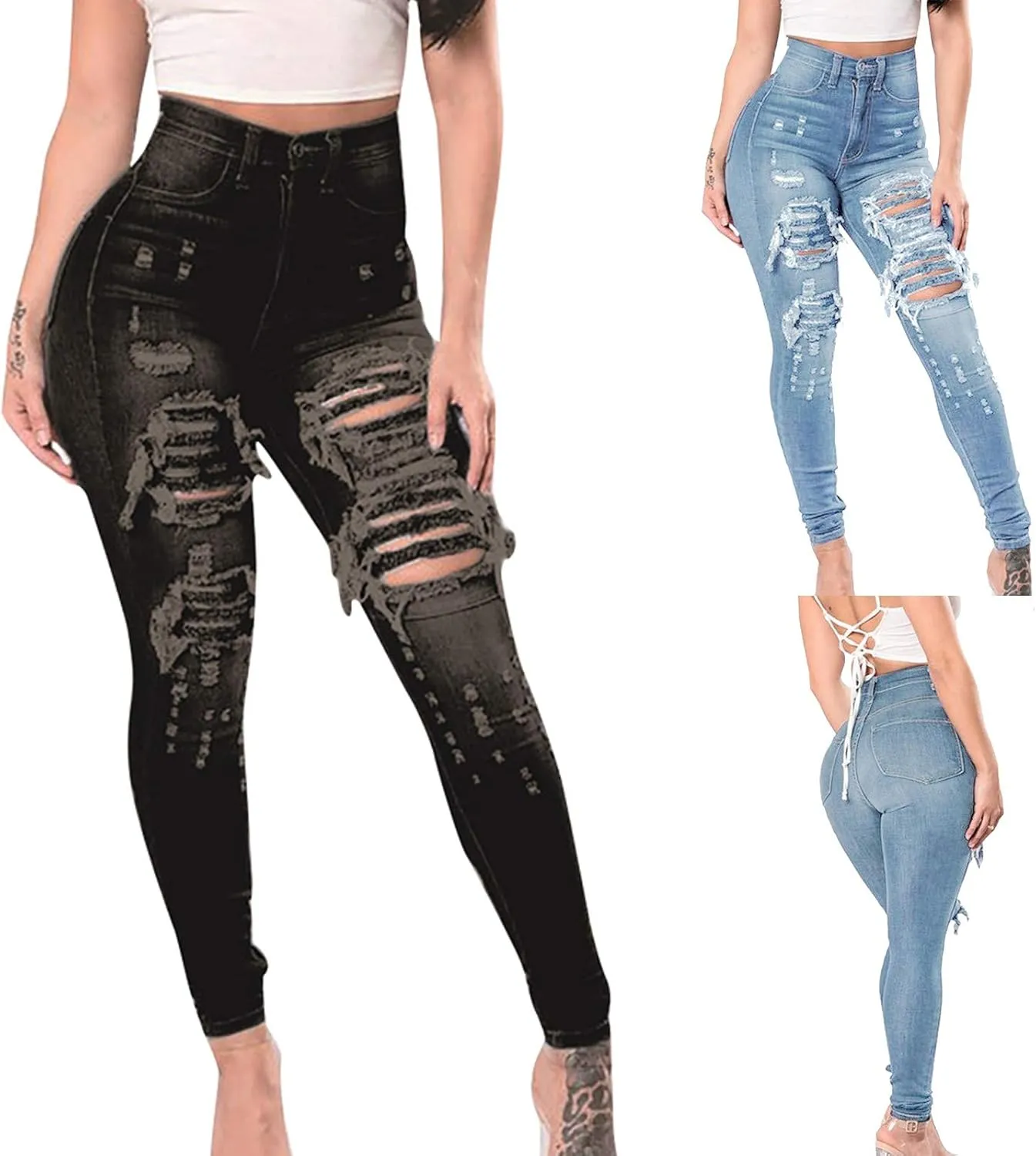 Jeans for Women Trendy, Women's High Waist Straight Leg Ripped Jeans Distressed Denim Pants