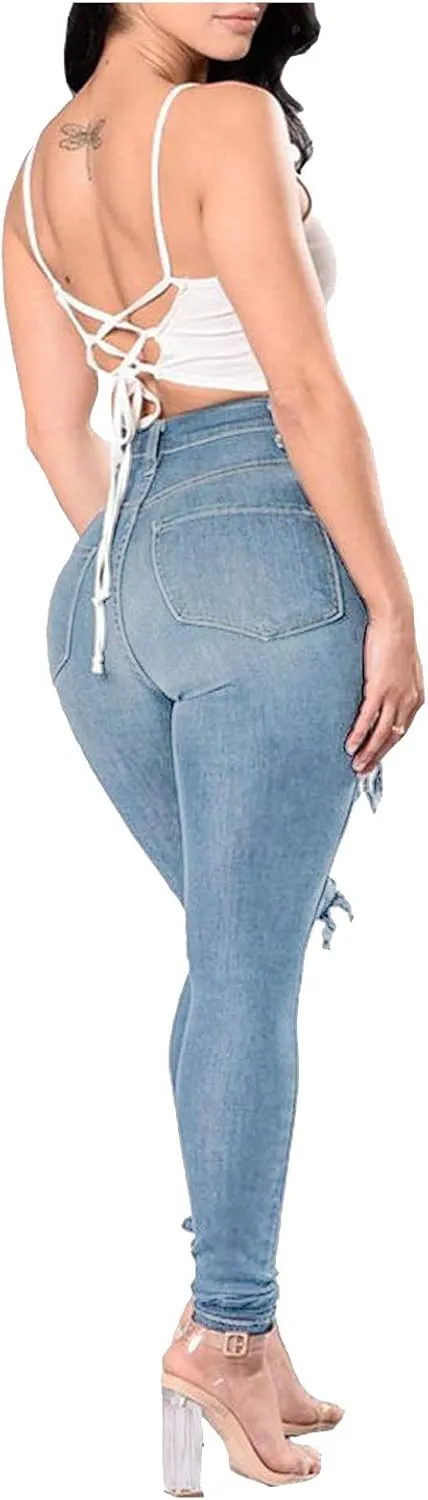 Jeans for Women Trendy, Women's High Waist Straight Leg Ripped Jeans Distressed Denim Pants