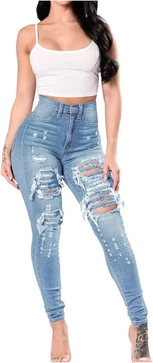 Jeans for Women Trendy, Women's High Waist Straight Leg Ripped Jeans Distressed Denim Pants