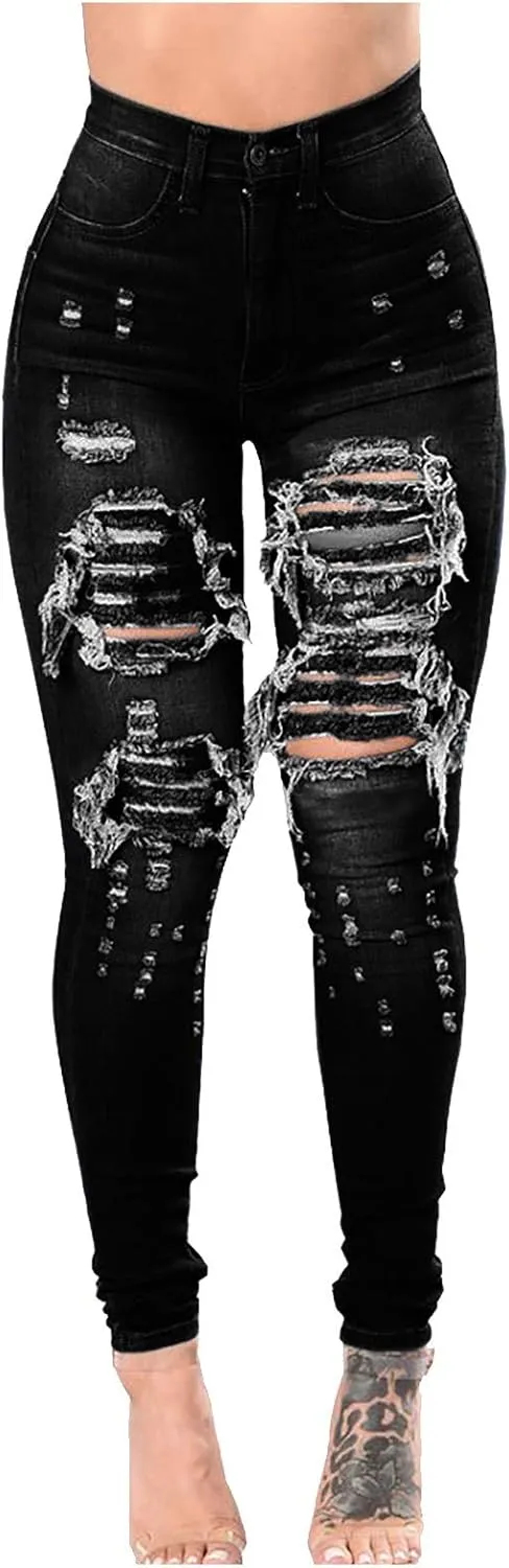 Jeans for Women Trendy, Women's High Waist Straight Leg Ripped Jeans Distressed Denim Pants