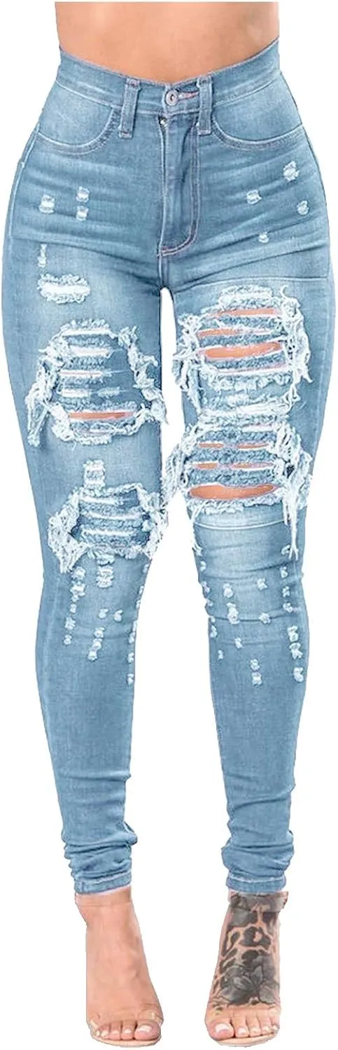 Jeans for Women Trendy, Women's High Waist Straight Leg Ripped Jeans Distressed Denim Pants