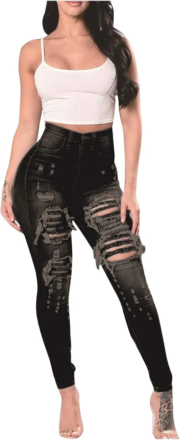 Jeans for Women Trendy, Women's High Waist Straight Leg Ripped Jeans Distressed Denim Pants
