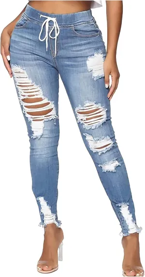 Jeans for Women, Women Stretchy Ripped Distressed Straight Leg Boyfriend Skinny Jeans