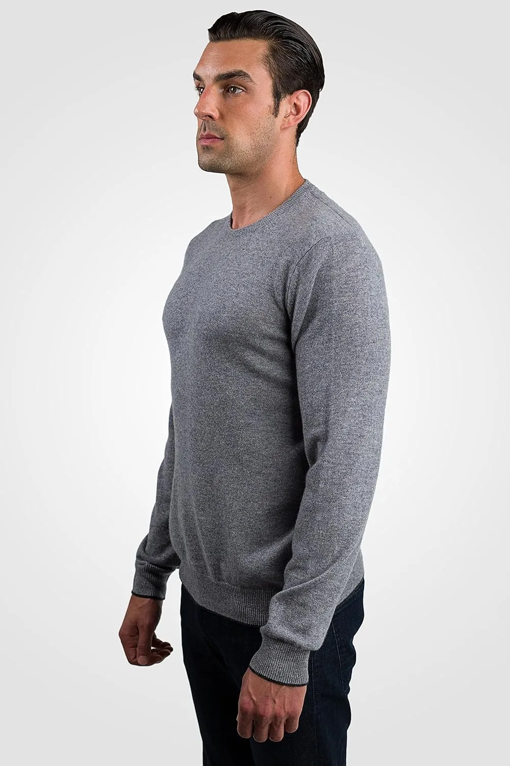 JENNIE LIU Men's 100% Pure Cashmere Long Sleeve Pullover Crewneck Sweater