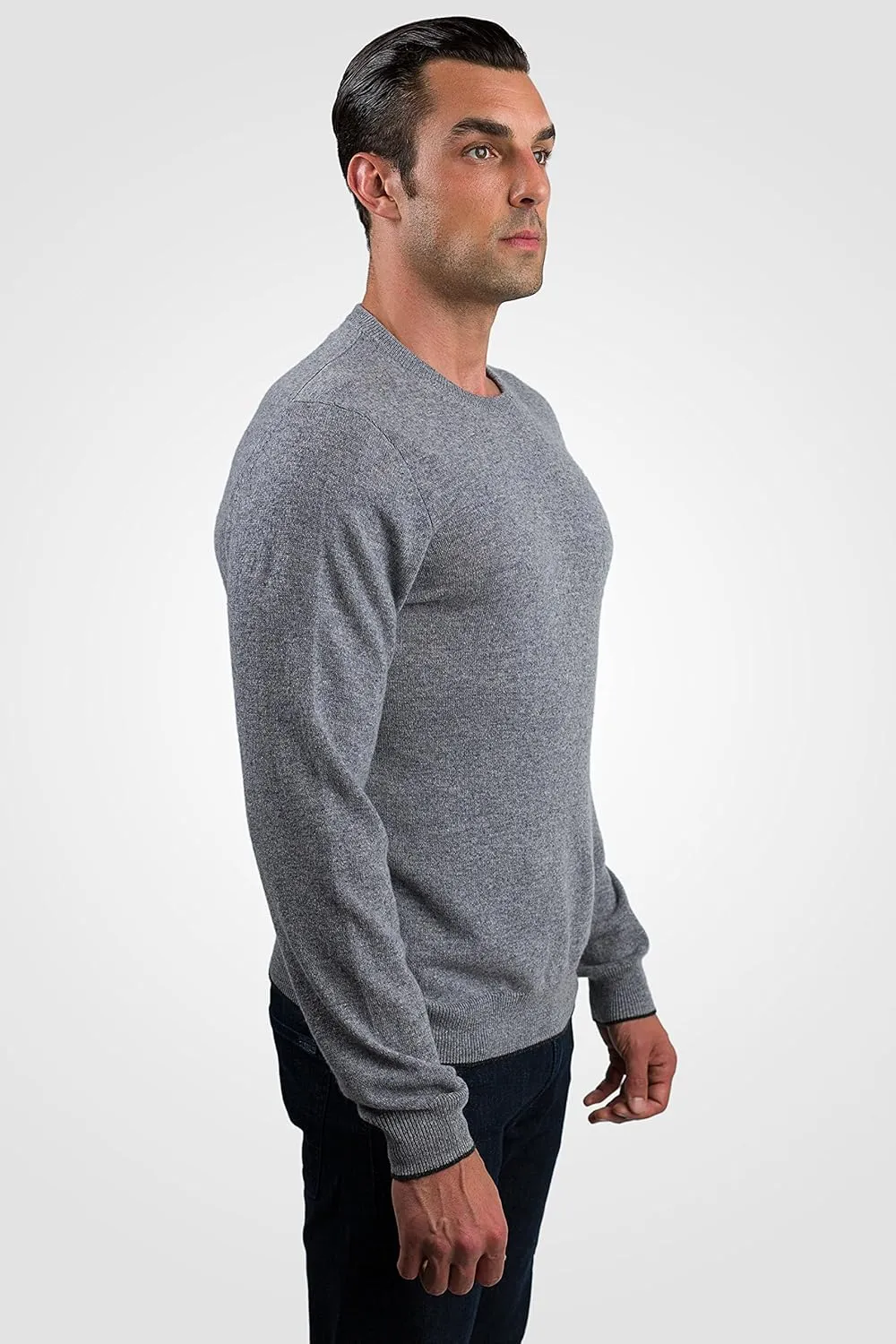 JENNIE LIU Men's 100% Pure Cashmere Long Sleeve Pullover Crewneck Sweater