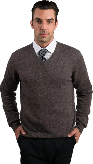 JENNIE LIU Men's 100% Pure Cashmere Long Sleeve Pullover V Neck Sweater (XXL, Brown)
