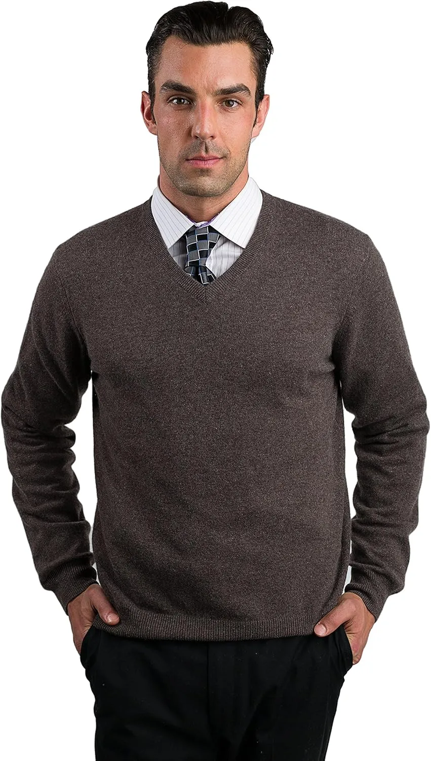 JENNIE LIU Men's 100% Pure Cashmere Long Sleeve Pullover V Neck Sweater (XXL, Brown)