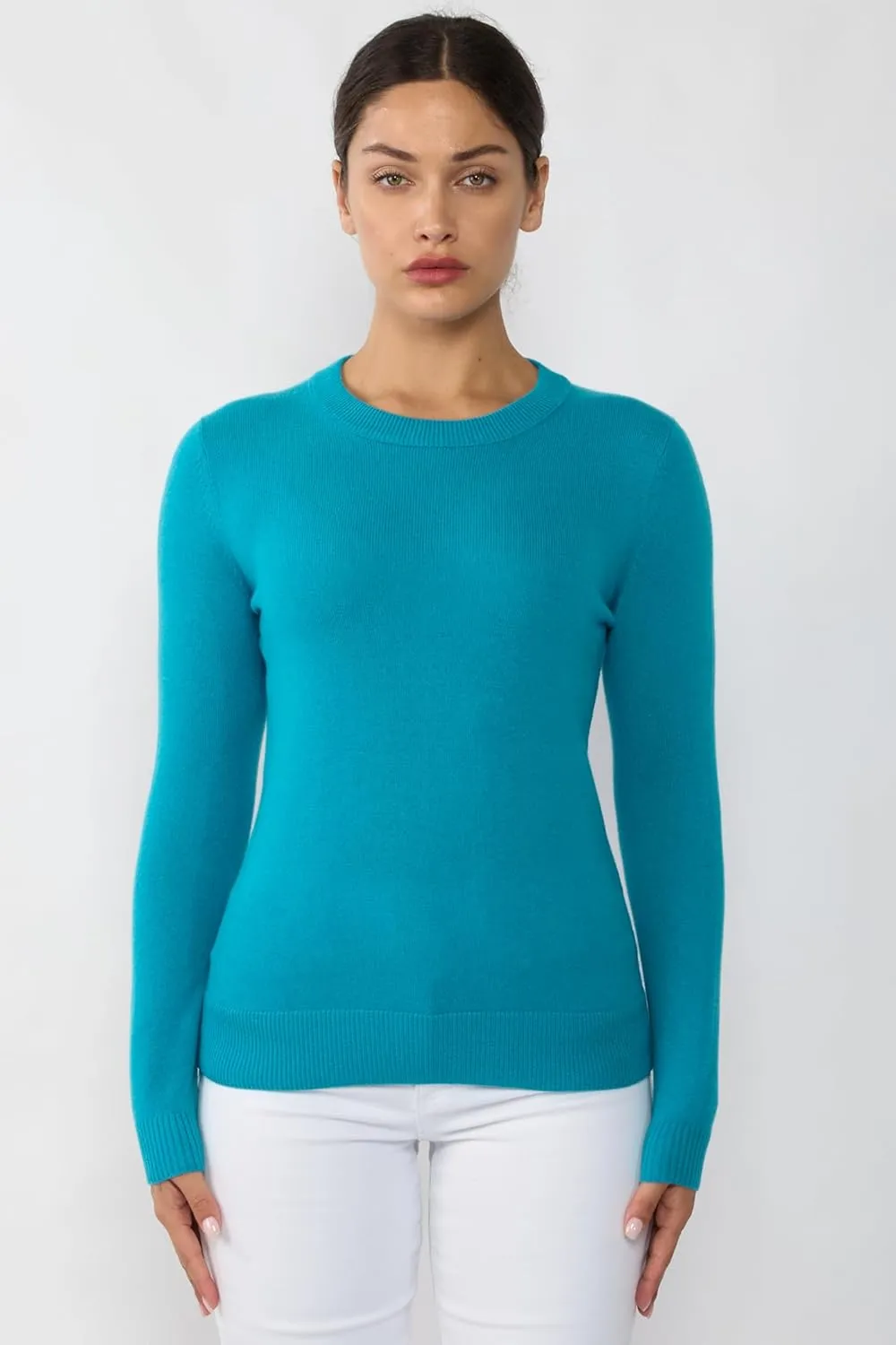 JENNIE LIU Women's 100% Pure Cashmere Long Sleeve Crew Neck Sweater