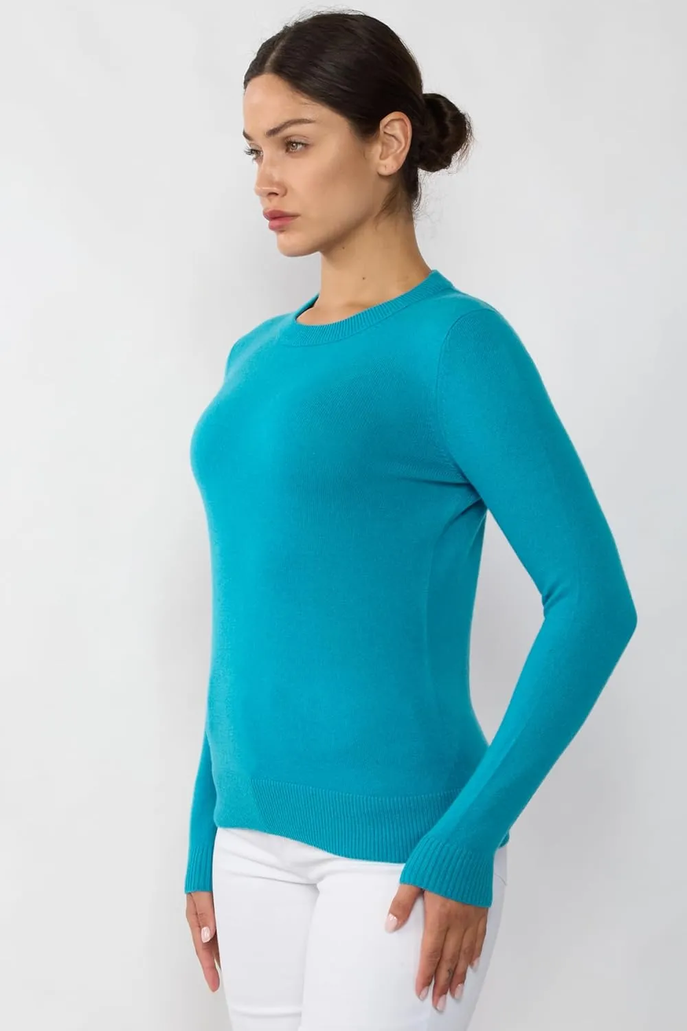 JENNIE LIU Women's 100% Pure Cashmere Long Sleeve Crew Neck Sweater