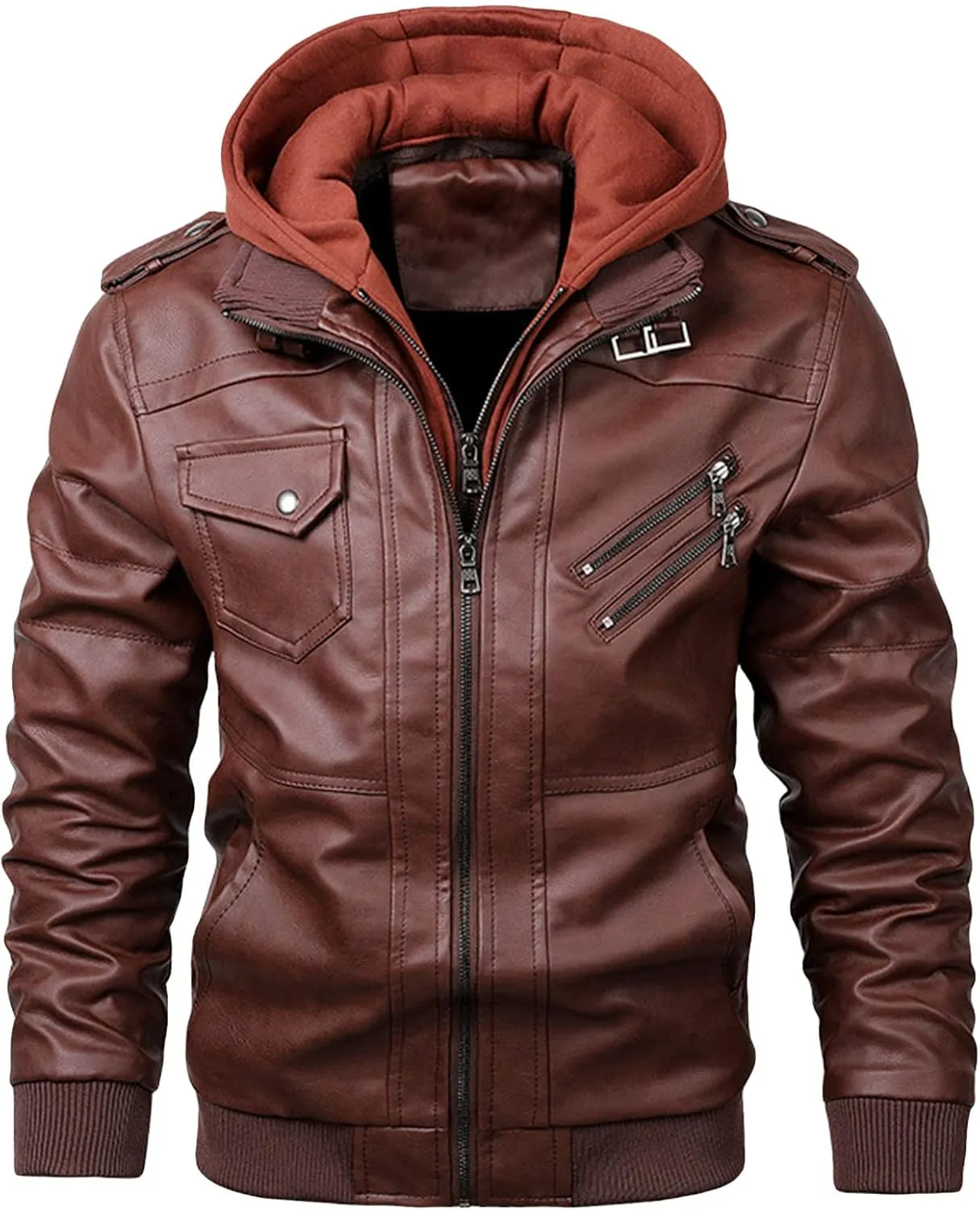 JEsilunmaMY Men's Slim Removable Hood Leather Jacket Casual Stand Collar Zip Up Motorcycle Jacket Fall Winter Bomber Coat