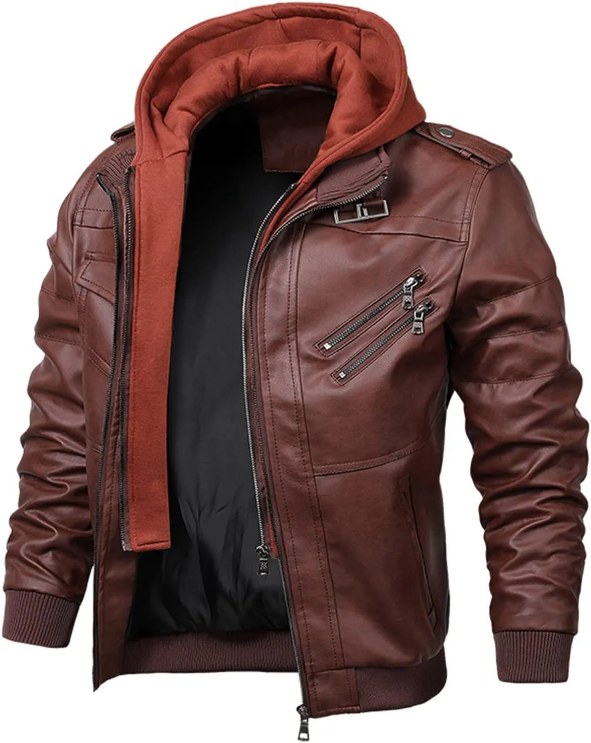 JEsilunmaMY Men's Slim Removable Hood Leather Jacket Casual Stand Collar Zip Up Motorcycle Jacket Fall Winter Bomber Coat