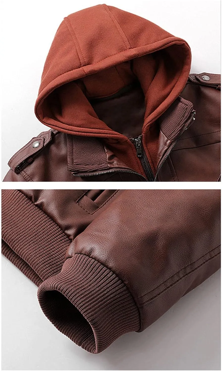 JEsilunmaMY Men's Slim Removable Hood Leather Jacket Casual Stand Collar Zip Up Motorcycle Jacket Fall Winter Bomber Coat