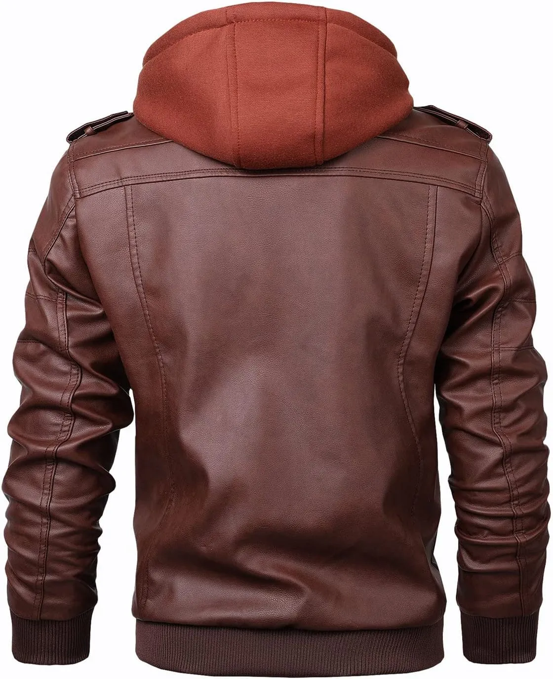 JEsilunmaMY Men's Slim Removable Hood Leather Jacket Casual Stand Collar Zip Up Motorcycle Jacket Fall Winter Bomber Coat