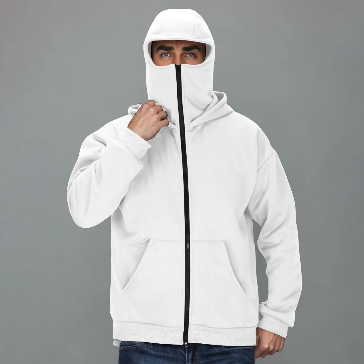 JIEMUXIU Zip Up Hoodie Men Casual Fashion Atnletic Pullover Sportwear Lightweight Cargo Hooded Sweatshirts with Face Mask