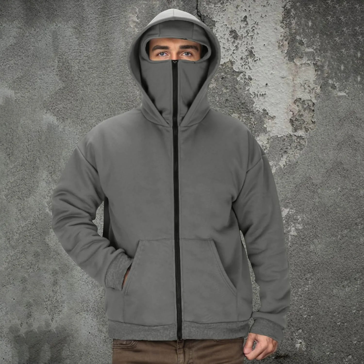 JIEMUXIU Zip Up Hoodie Men Casual Fashion Atnletic Pullover Sportwear Lightweight Cargo Hooded Sweatshirts with Face Mask
