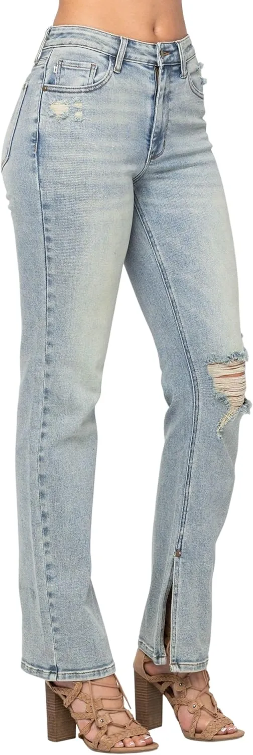 Judy Blue Women's High-Waist Destroyed Straight-Leg Jeans with Inseam Slit