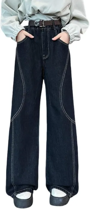 Kids Girl Straight Wide Leg Baggy Jeans Casual Trendy Denim Pants Teens High Waist Y2K Jeans Youth Kawaii Preppy Pant
