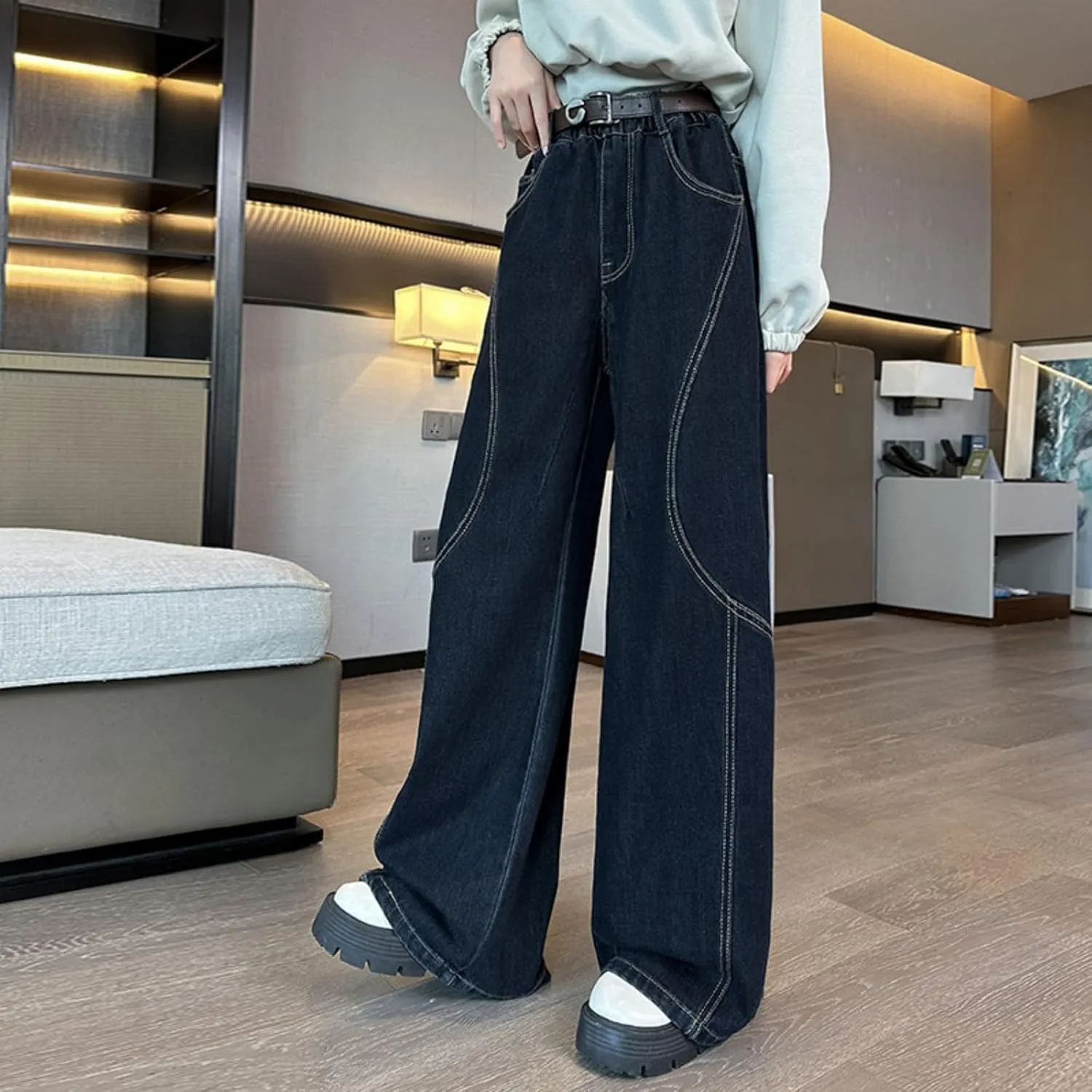 Kids Girl Straight Wide Leg Baggy Jeans Casual Trendy Denim Pants Teens High Waist Y2K Jeans Youth Kawaii Preppy Pant