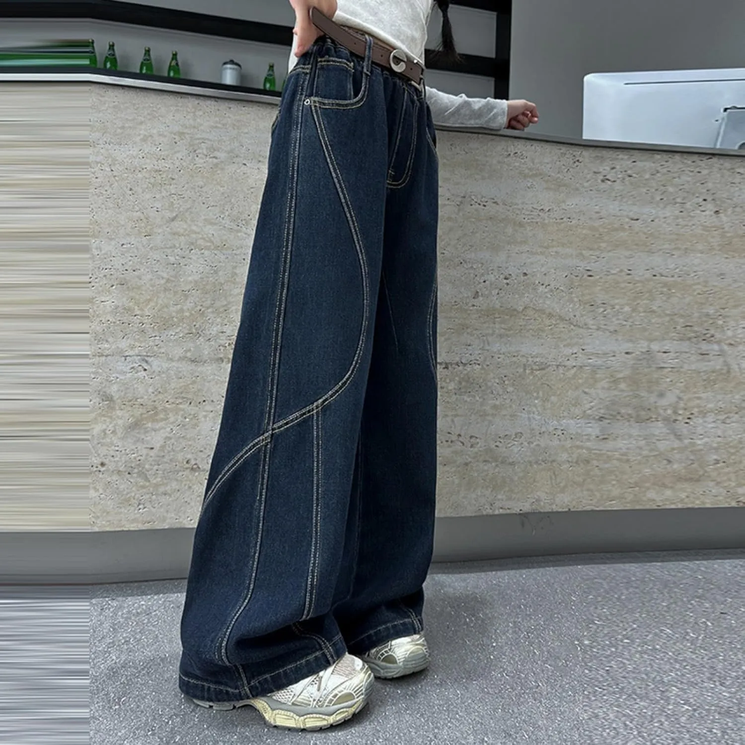 Kids Girl Straight Wide Leg Baggy Jeans Casual Trendy Denim Pants Teens High Waist Y2K Jeans Youth Kawaii Preppy Pant