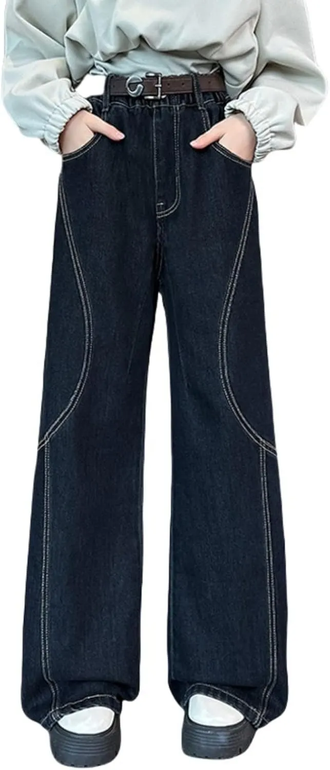 Kids Girl Straight Wide Leg Baggy Jeans Casual Trendy Denim Pants Teens High Waist Y2K Jeans Youth Kawaii Preppy Pant
