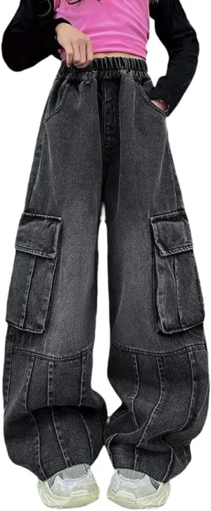 Kids Girls Ripped Baggy Jeans Y2K Aesthetic High Waist Wide Leg Cargo Denim Pants Spring Cute Teen Trendy Skinny