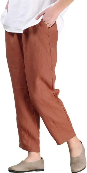LaovanIn Women's Linen Cropped Pants Tapered Ankle Capris Trousers Elastic Waist