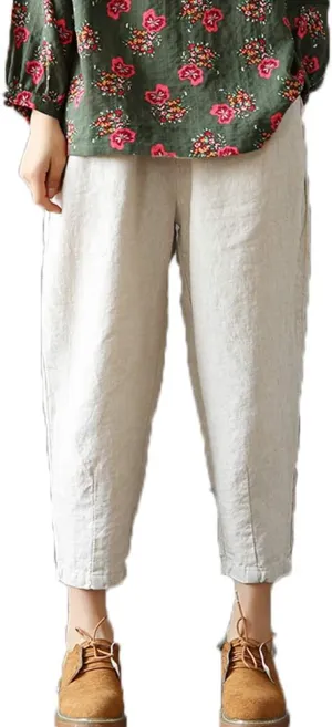 LaovanIn Women's Linen Cropped Pants Tapered Ankle Capris Trousers Elastic Waist