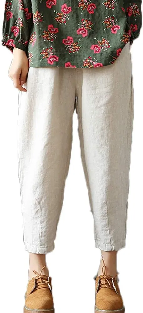 LaovanIn Women's Linen Cropped Pants Tapered Ankle Capris Trousers Elastic Waist