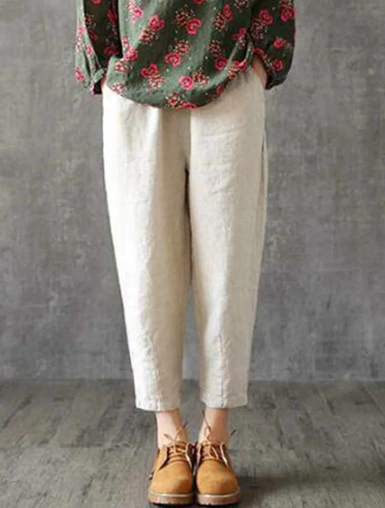 LaovanIn Women's Linen Cropped Pants Tapered Ankle Capris Trousers Elastic Waist