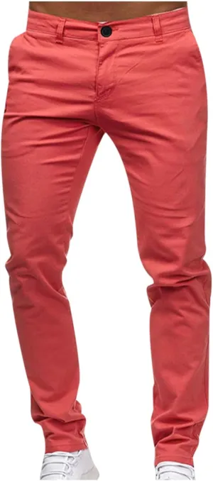 LAWOR Men's Straight Leg Trousers Stretchy Summer Long Pants Solid Color Slim Fit Pants Button Zipper Trendy Trousers