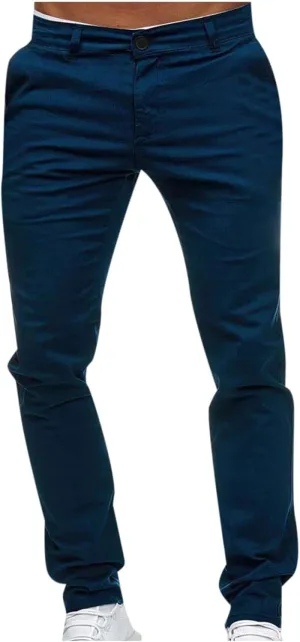 LAWOR Men's Straight Leg Trousers Stretchy Summer Long Pants Solid Color Slim Fit Pants Button Zipper Trendy Trousers