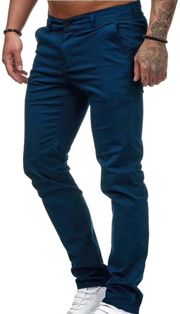 LAWOR Men's Straight Leg Trousers Stretchy Summer Long Pants Solid Color Slim Fit Pants Button Zipper Trendy Trousers