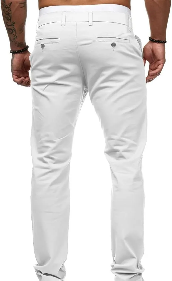 LAWOR Men's Straight Leg Trousers Stretchy Summer Long Pants Solid Color Slim Fit Pants Button Zipper Trendy Trousers