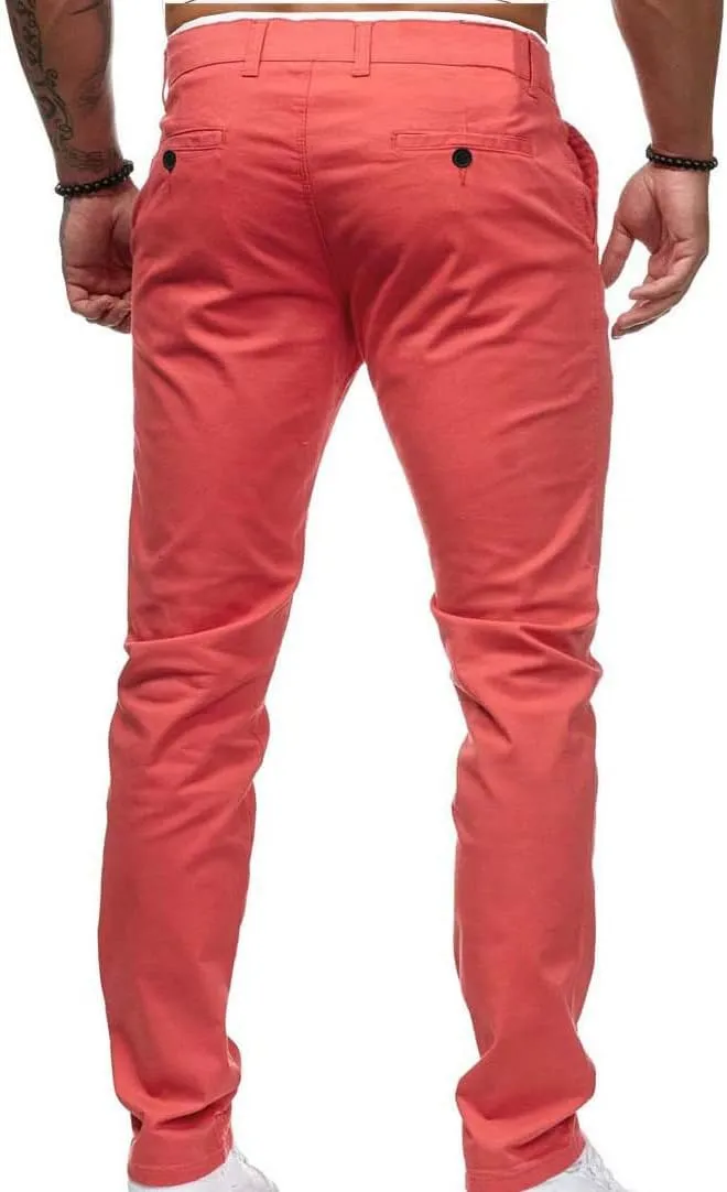 LAWOR Men's Straight Leg Trousers Stretchy Summer Long Pants Solid Color Slim Fit Pants Button Zipper Trendy Trousers