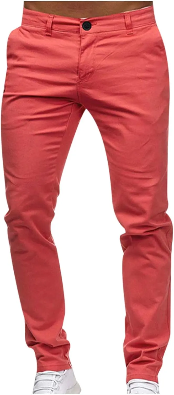 LAWOR Men's Straight Leg Trousers Stretchy Summer Long Pants Solid Color Slim Fit Pants Button Zipper Trendy Trousers
