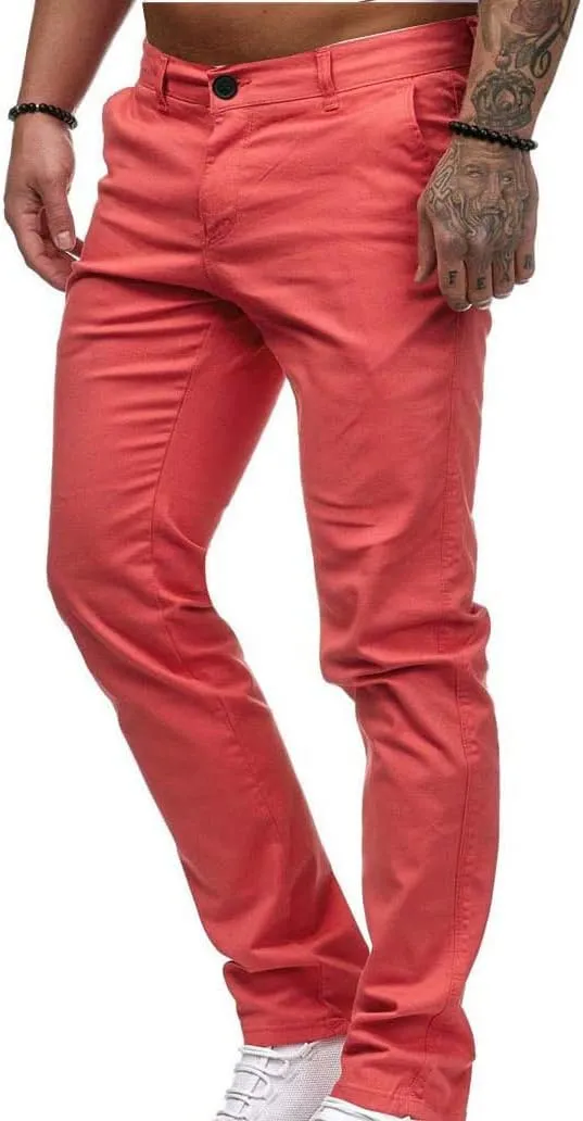 LAWOR Men's Straight Leg Trousers Stretchy Summer Long Pants Solid Color Slim Fit Pants Button Zipper Trendy Trousers
